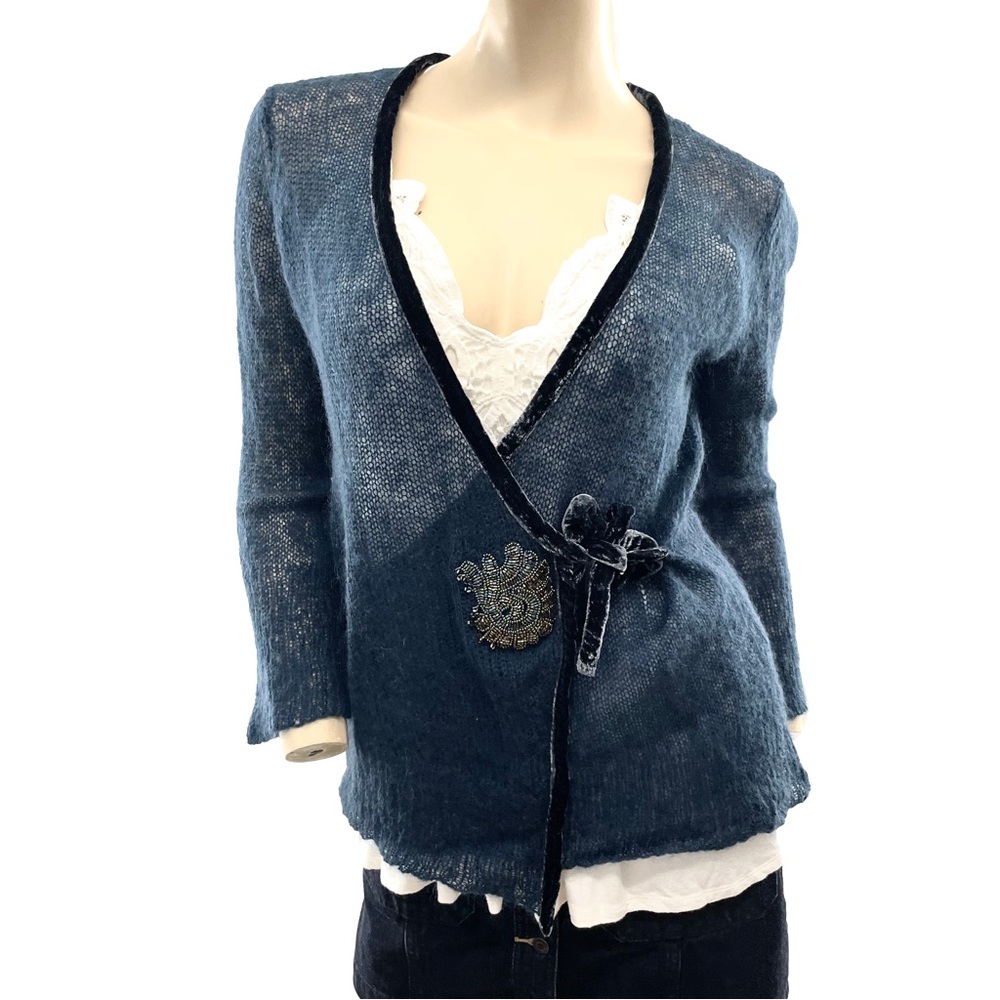 Nine West- Women's Blue Sweater with Gold Bead Decoration- L